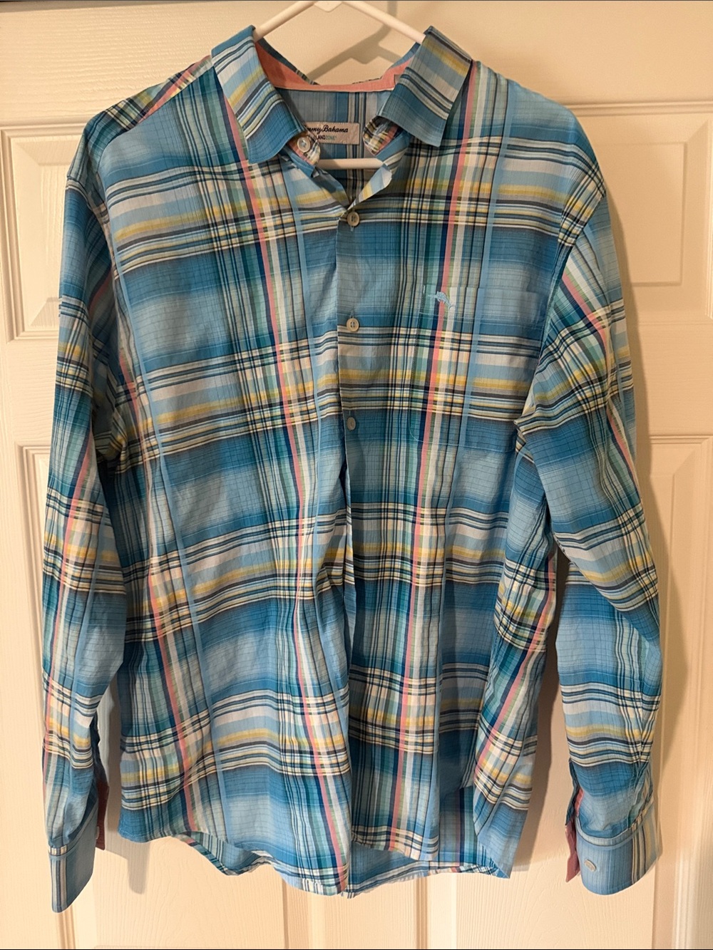 Tommy Bahama Blue Plaid Button-Down Shirt with Yellow and Pink Accents